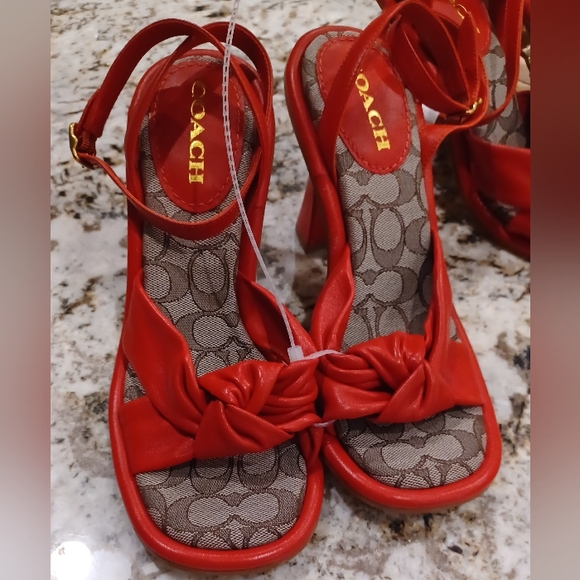 COACH Quincey Signature Logo Ankle Strap Dress Sandals Red Leather NEW - Picture 4 of 14